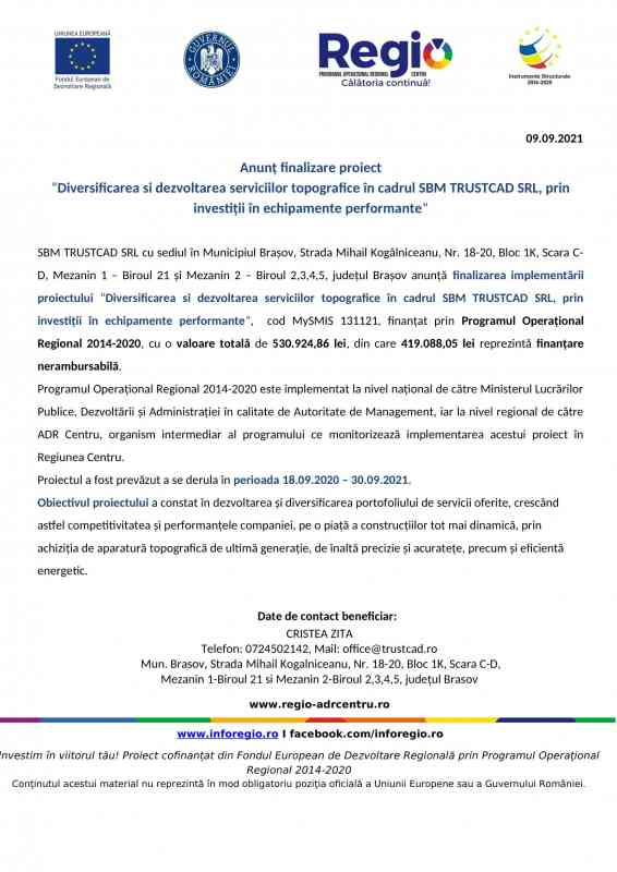 despair reservation exciting Anunț finalizare proiect “Diversificarea si dezvoltarea serviciilor  topografice în cadrul SBM TRUSTCAD SRL, prin investiții în echipamente  performante“ » Știri din Brașov